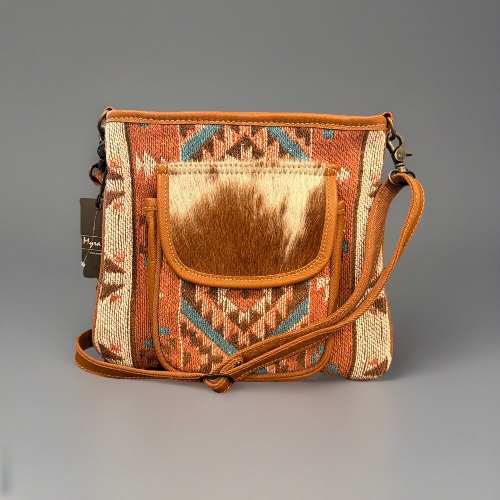 New Myra Bag Aztec Boho Crossbody Zip Detachable Strap Cowhide Pocket Brown